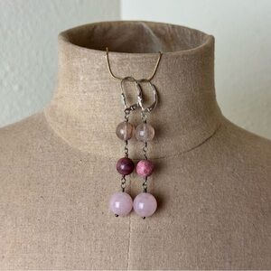 Rose Quartz Beaded Silver Pierced Dangle Earrings